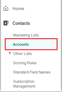 The Contacts navigation menu with the Accounts option highlighted, showing where to access the Accounts Dashboard.