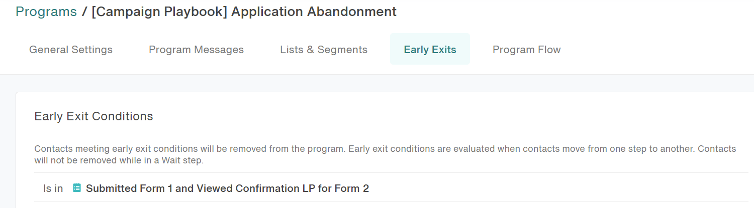 The Early Exits tab, showing the Submitted Form 1 and Viewed Confirmation LP segment added.