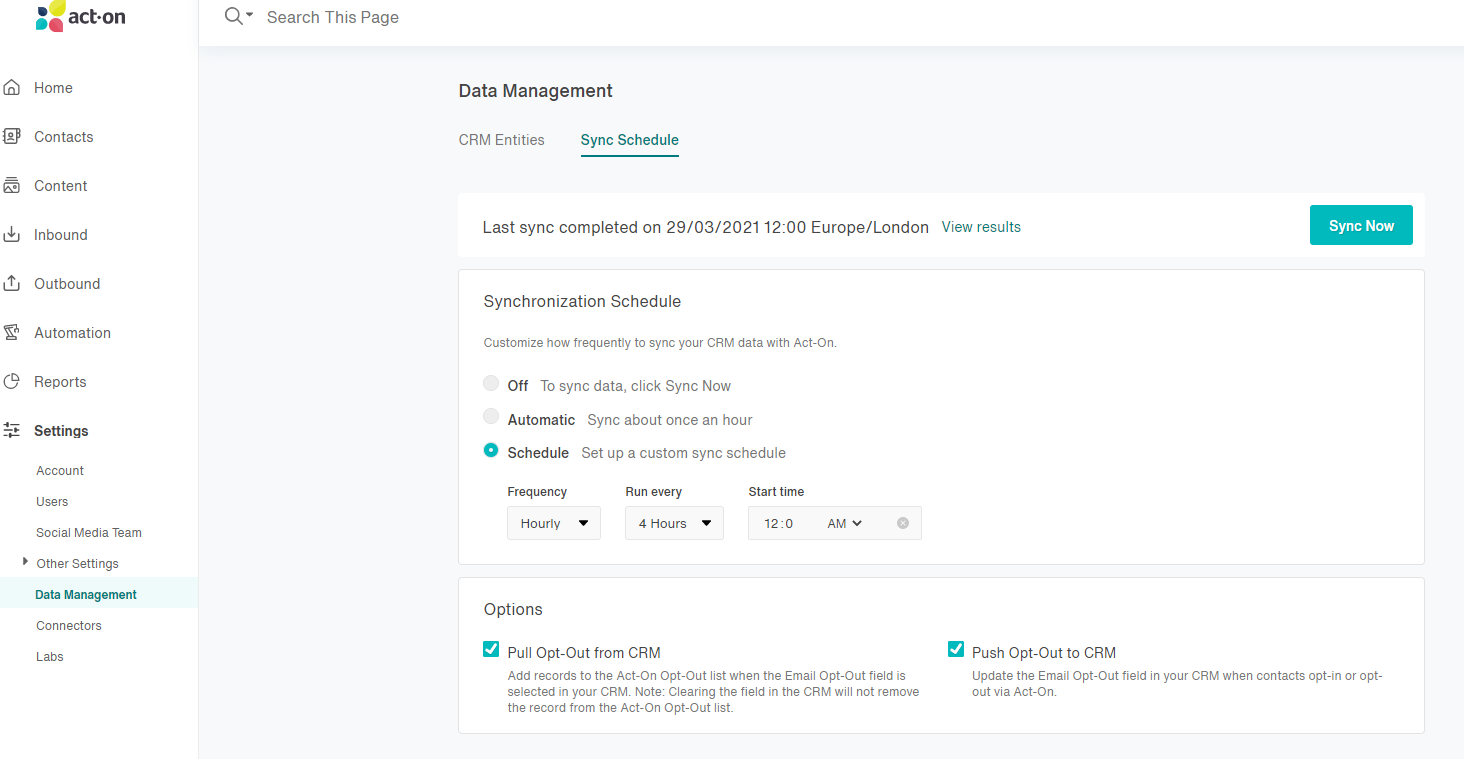 Settings > Data Management, showing the option to set the frequency of synchronization to populate CRM data.