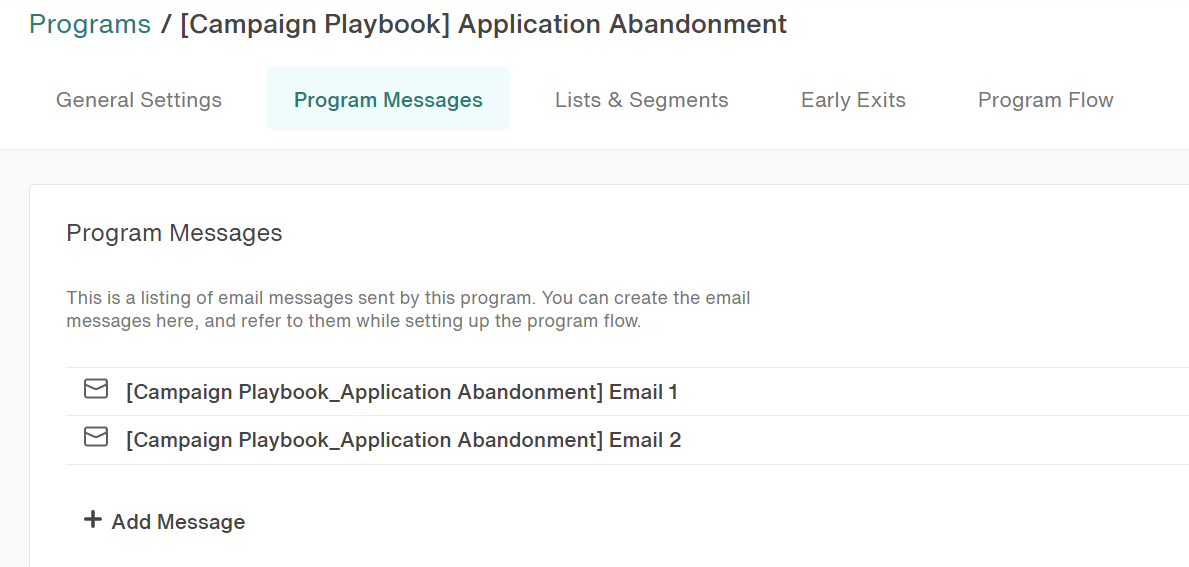 The Program Messages tab, showing the nurturing/triggered message template added.