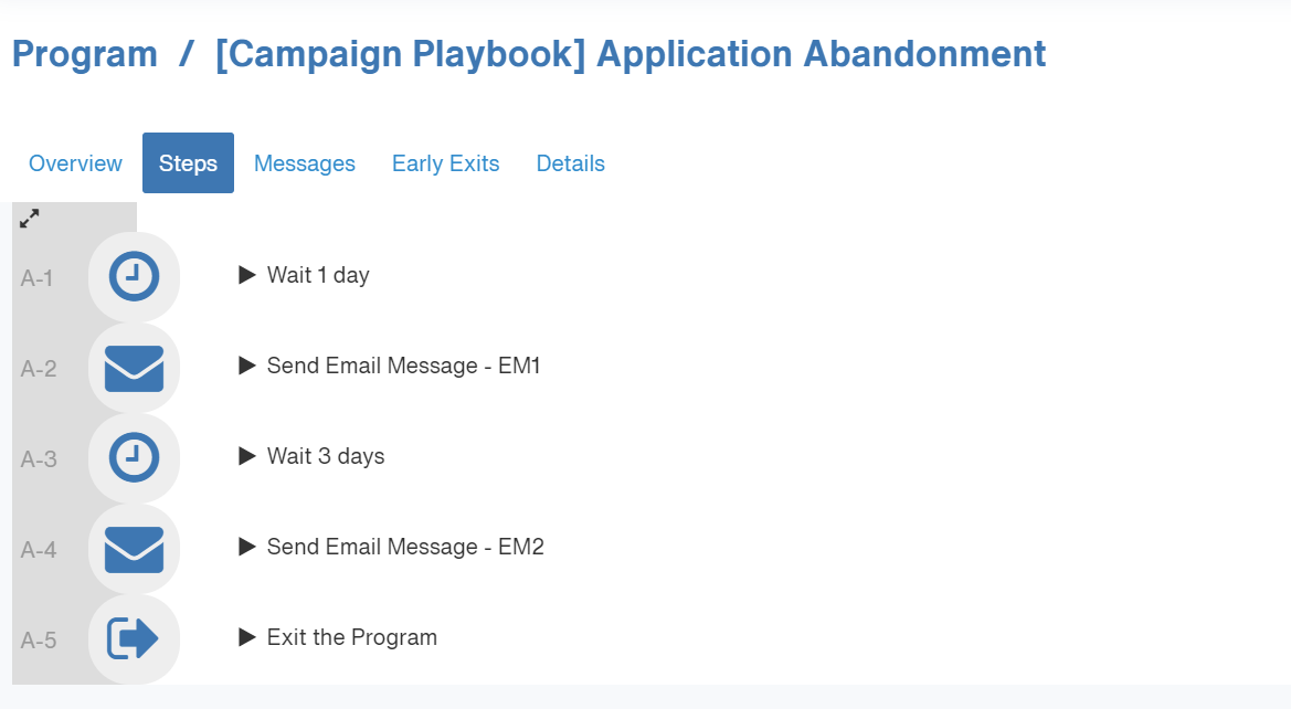 The Actions menu on the Overview page, showing the Start Program option after selecting Done to save the program.
