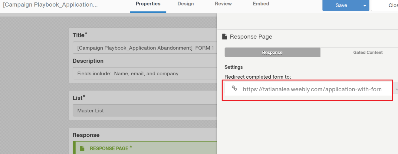 The Form response setting to redirect submitters to an external webpage, using the example URL https://tatianalea.weebly.com/application-with-form.html.