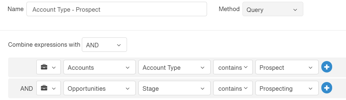 The segment builder with a name entered and the Save button, ready to save the CRM segment.