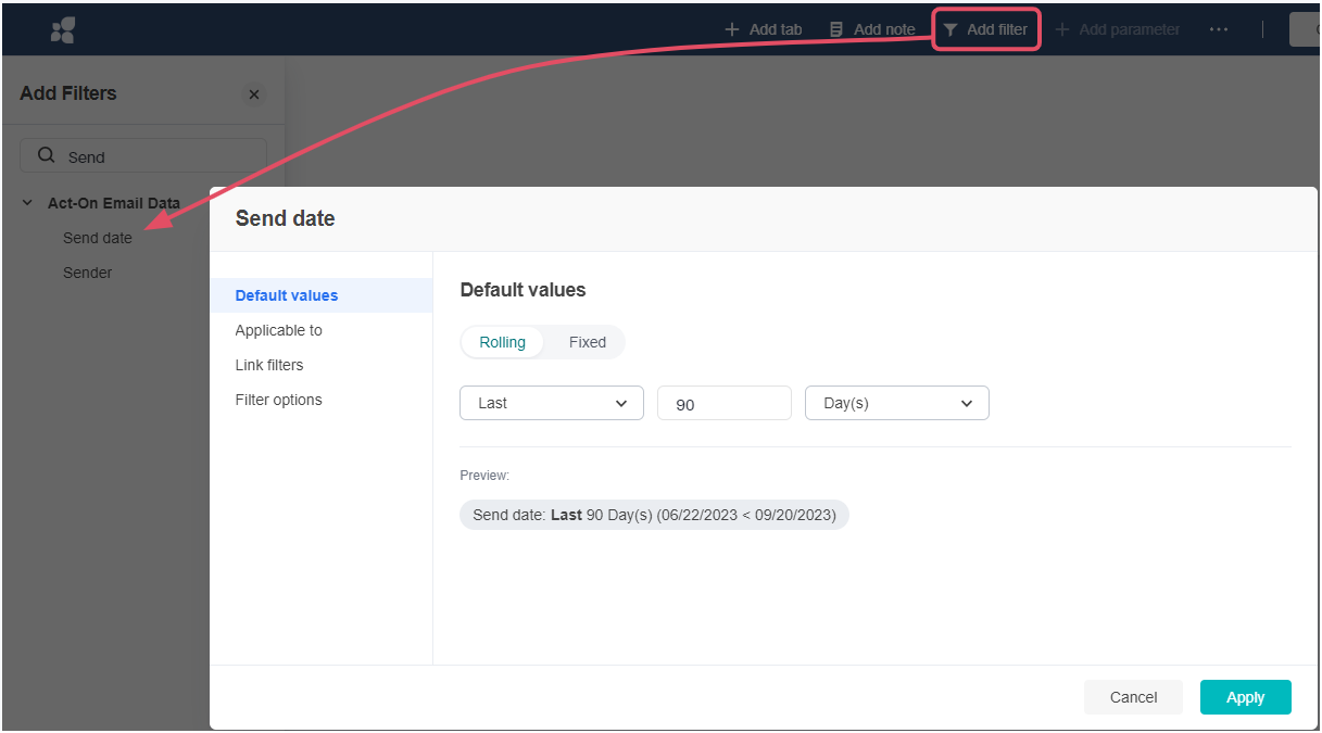 Filter dialog with values and options