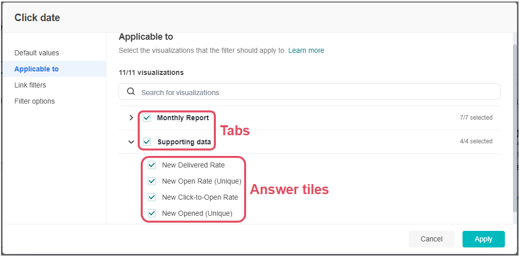 Applicable to section in the filter dialog