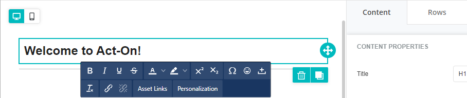 Selected Content Block showing clone and delete icons