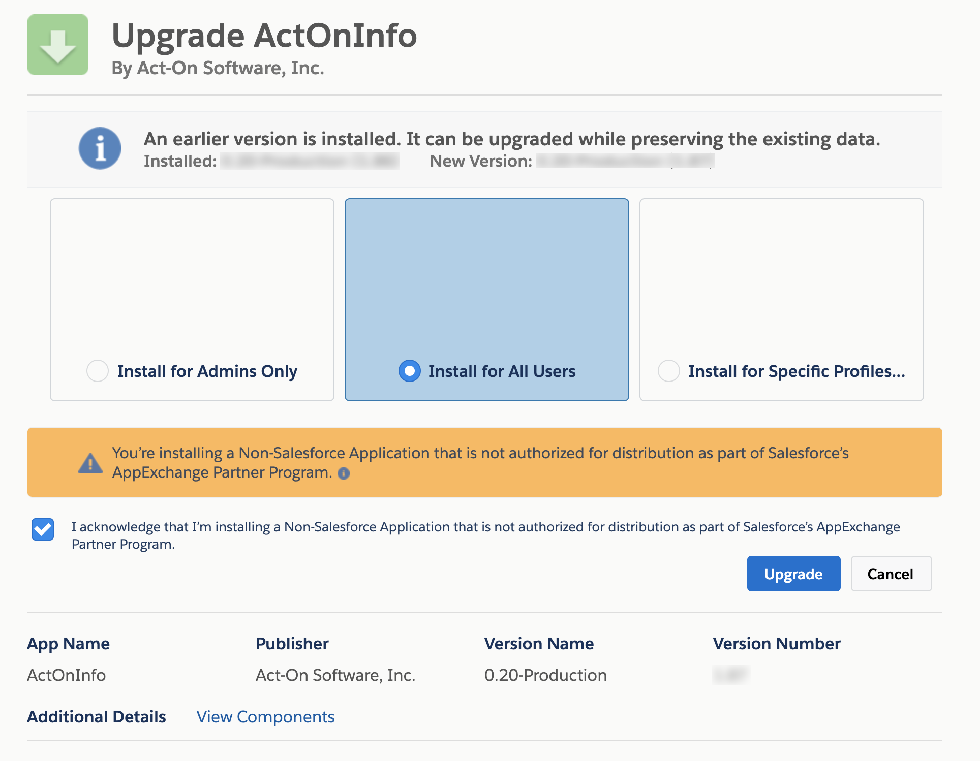 Screen Image of Upgrading ActOnInfo in Salesforce