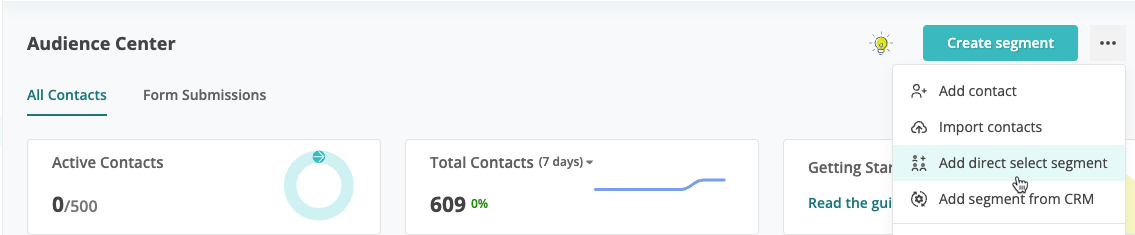 Add direct select segment from All Contacts More actions menu