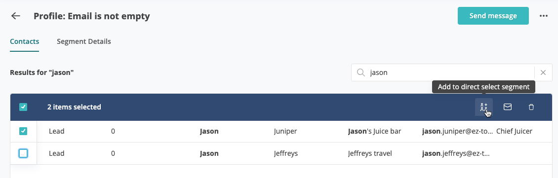 Top bar button: Add to direct select segment