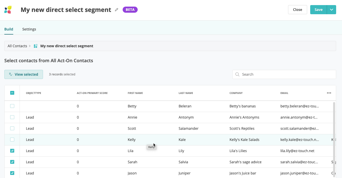 Direct Select segment builder showing search and selection