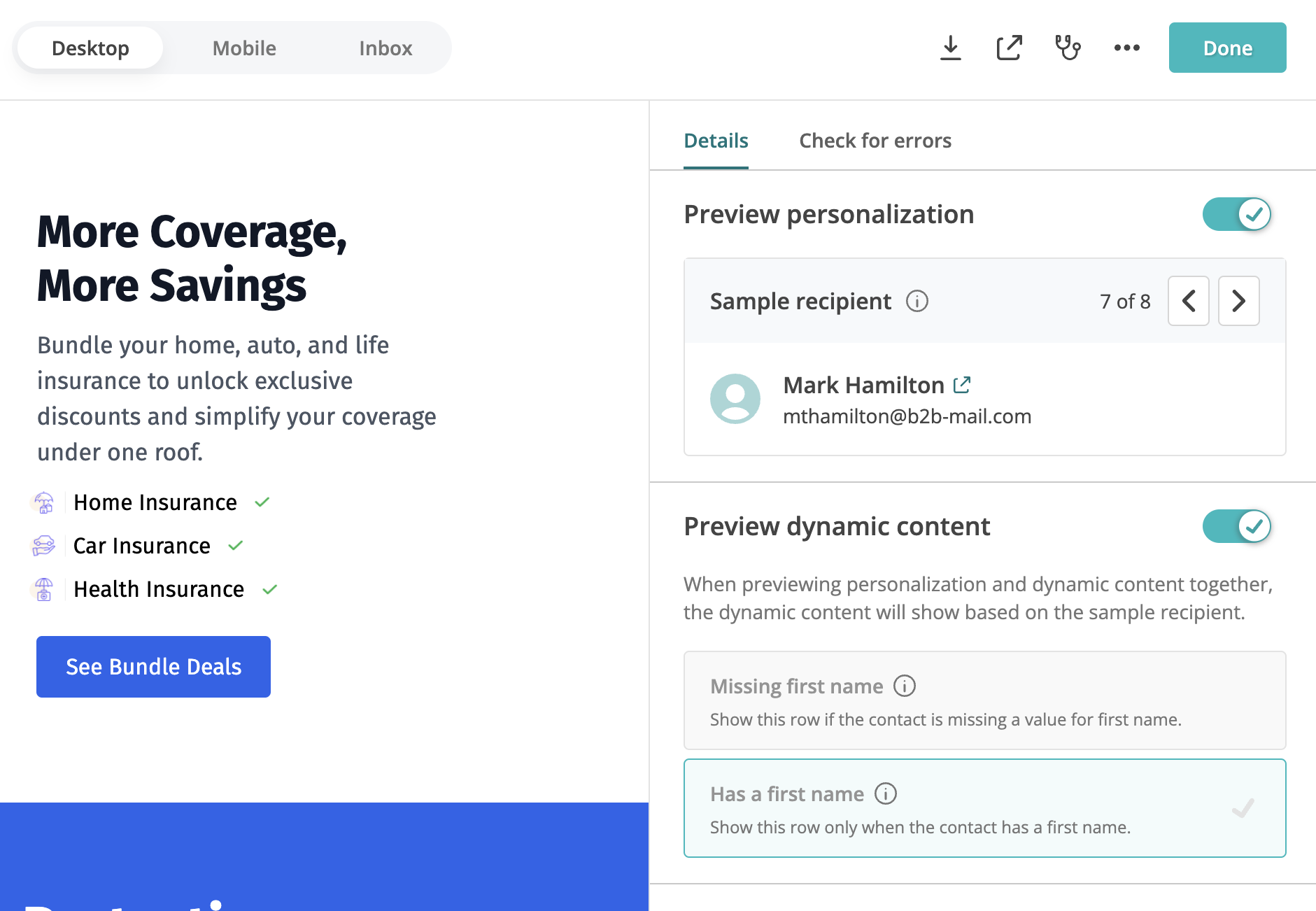 Image showing both personalization and dynamic content turned when previewing an email draft.