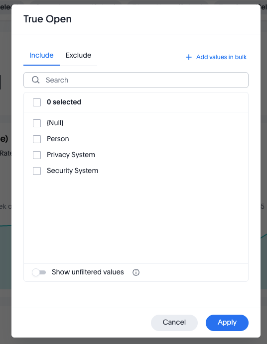 True Open filter options showing Person, Security System, and Privacy System