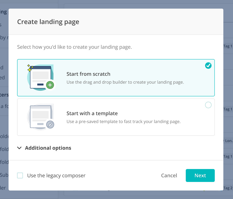 Creating a landing page. Legacy option at the bottom.
