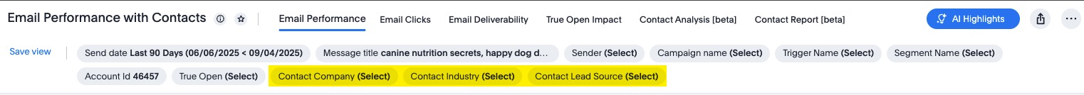 Email Performance Liveboard with Company, Industry, and Lead Source filters