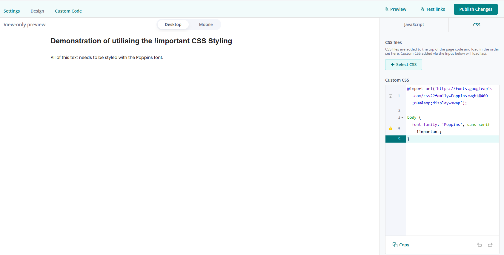 Landing Page Composer Custom Code panel with !important option highlighted
