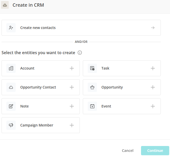Create in CRM step configuration in Act-On