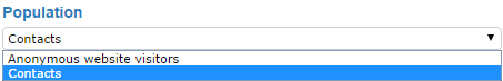 The Population drop-down for a funnel stage expanded, showing Anonymous website visitors and Contacts as the two available options, with Contacts selected.