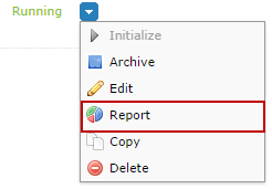 Funnel dropdown menu open on a Running funnel, with the Report option outlined to show where to click to open the funnel report.