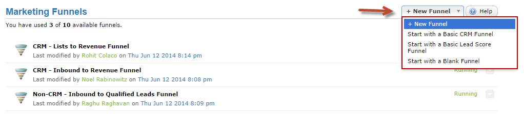 Clicking the + New Funnel drop-down menu.