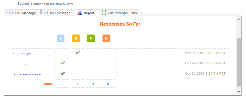 Responses So Far section at the bottom of a Sent Message Report
