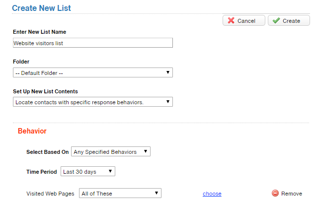 The "Locate contacts with specific response behaviors" tool, used to create a new marketing list from contacts matching the criteria.