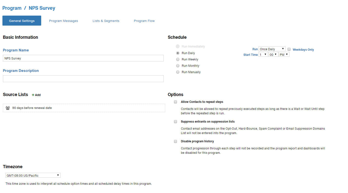 Screenshot of the General Settings tab, showing the 90-days-before-renewal segment as the source list, entering contacts once a day.