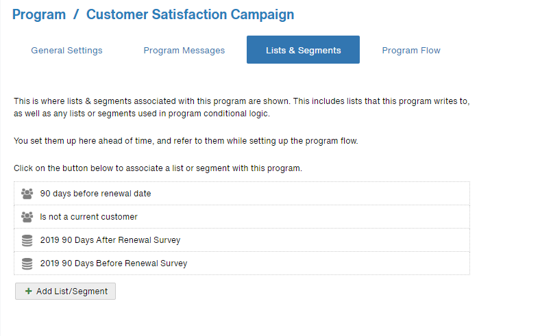 The List & Segments tab, showing both form submission lists and the "is not a current customer" segment imported.