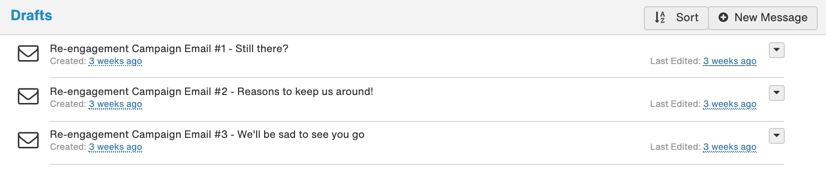 Screenshot of the three re-engagement email messages in the series, used as a last attempt to get unengaged recipients to show interest.