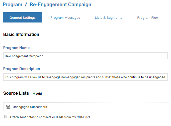 Screenshot of the Automated Program's General Settings tab, showing the Unengaged segment used as the source list.