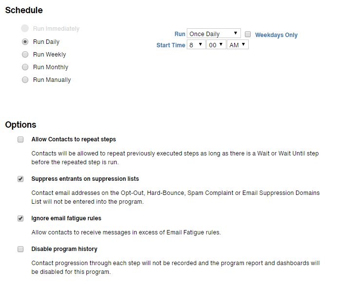 A second screenshot of the Automated Program's General Settings tab, showing the program configured to enter contacts once a day.