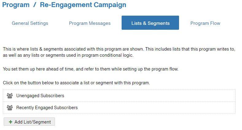 Screenshot of the Lists & Segments tab, showing the Recently Engaged Subscribers and Unengaged Subscribers segments added.