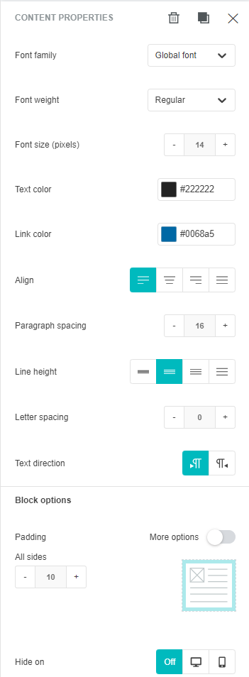 Sidebar customization options for Paragraph content block