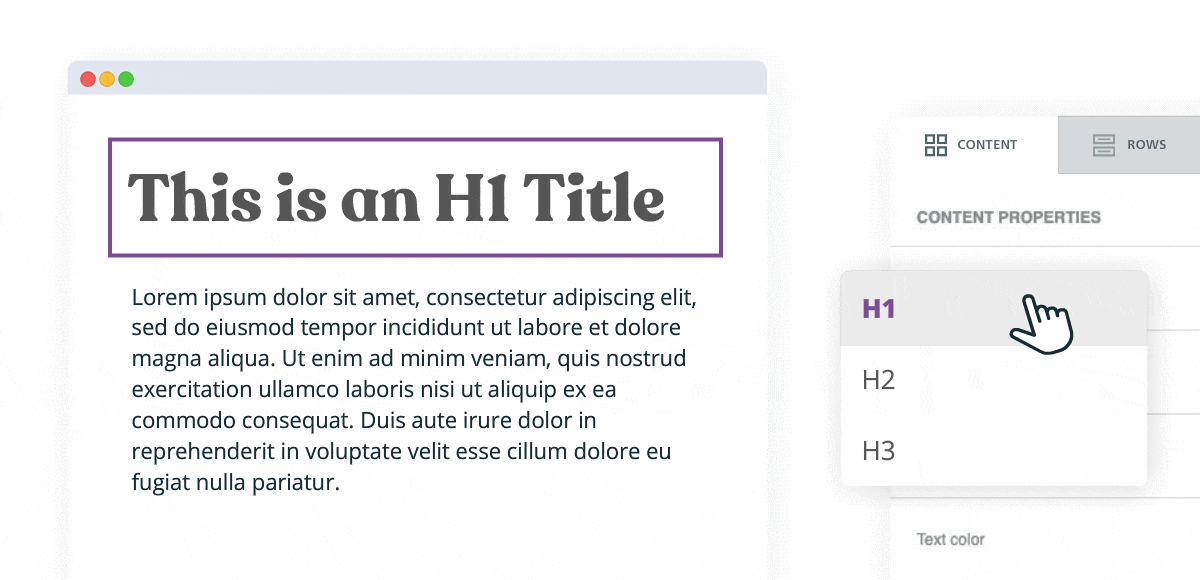 Selecting H1, H2, or H3 from the Title block options