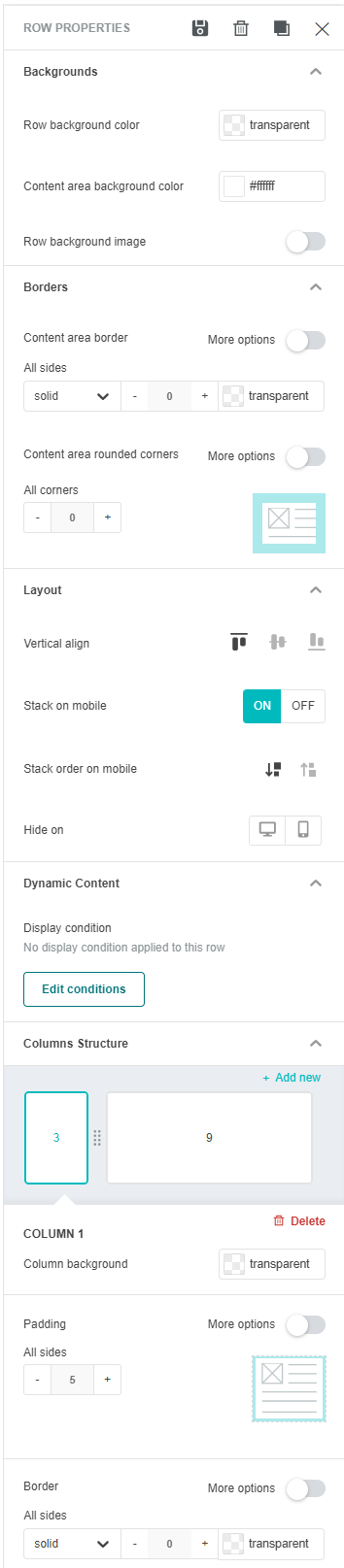 Row Properties panel in the Composer sidebar