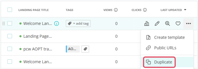 Duplicate landing page menu option