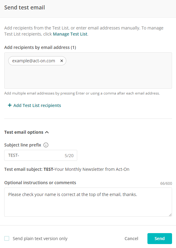 A confirmation appears and your test email is delivered shortly after.