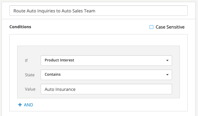 The "Route Auto Inquiries to Auto Sales Team" form alert, with a condition set to trigger when Product Interest contains "Auto Insurance."