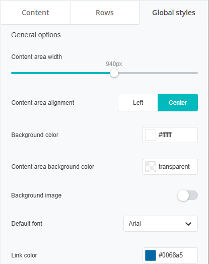 Global styles panel in the Landing Page Composer