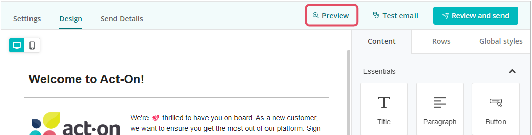 Landing Page preview with desktop and mobile toggle