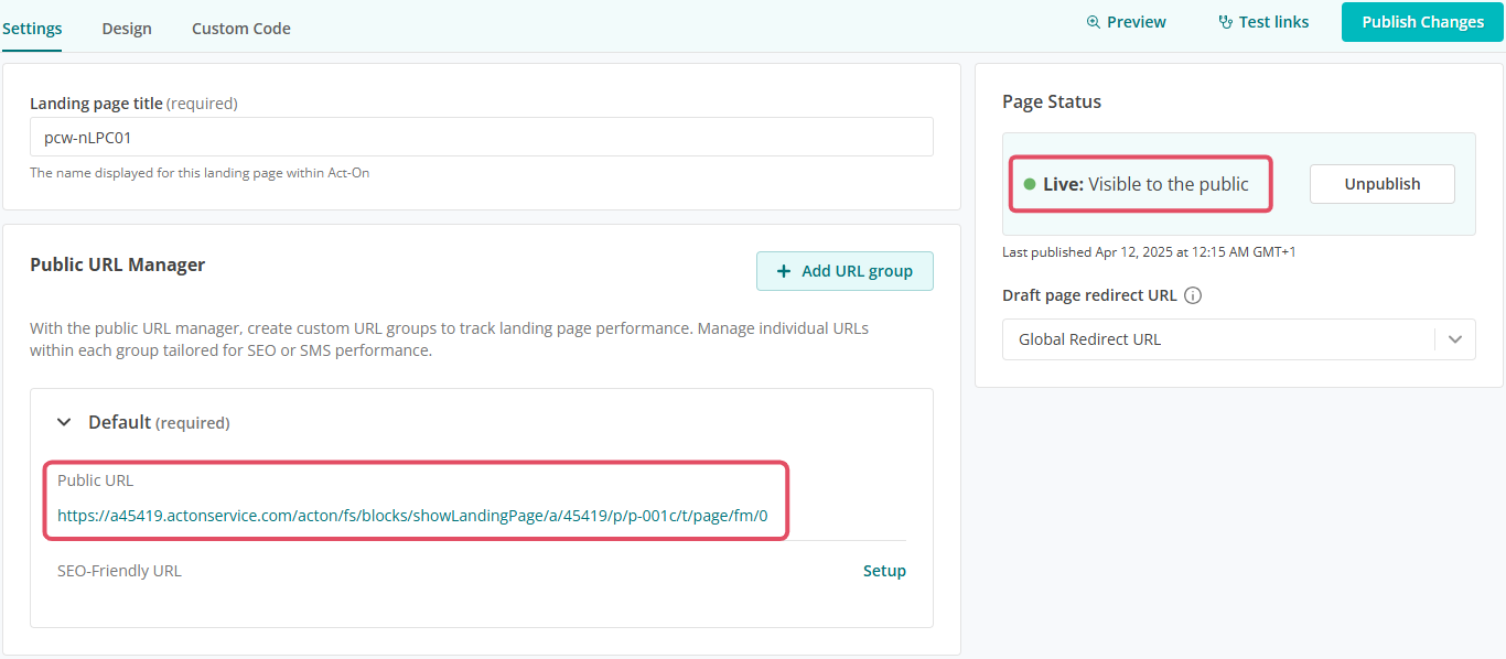 Published Landing Page status and public URL