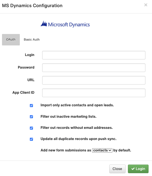 The entity type setting for new records sent from Act-On to MS Dynamics from a Form Submission, defaulting to Contacts.