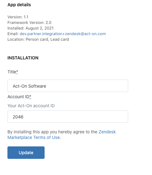The Act-On Software app details panel in Zendesk Sell, showing the Title field set to "Act-On Software," the Account ID field, and an Update button.