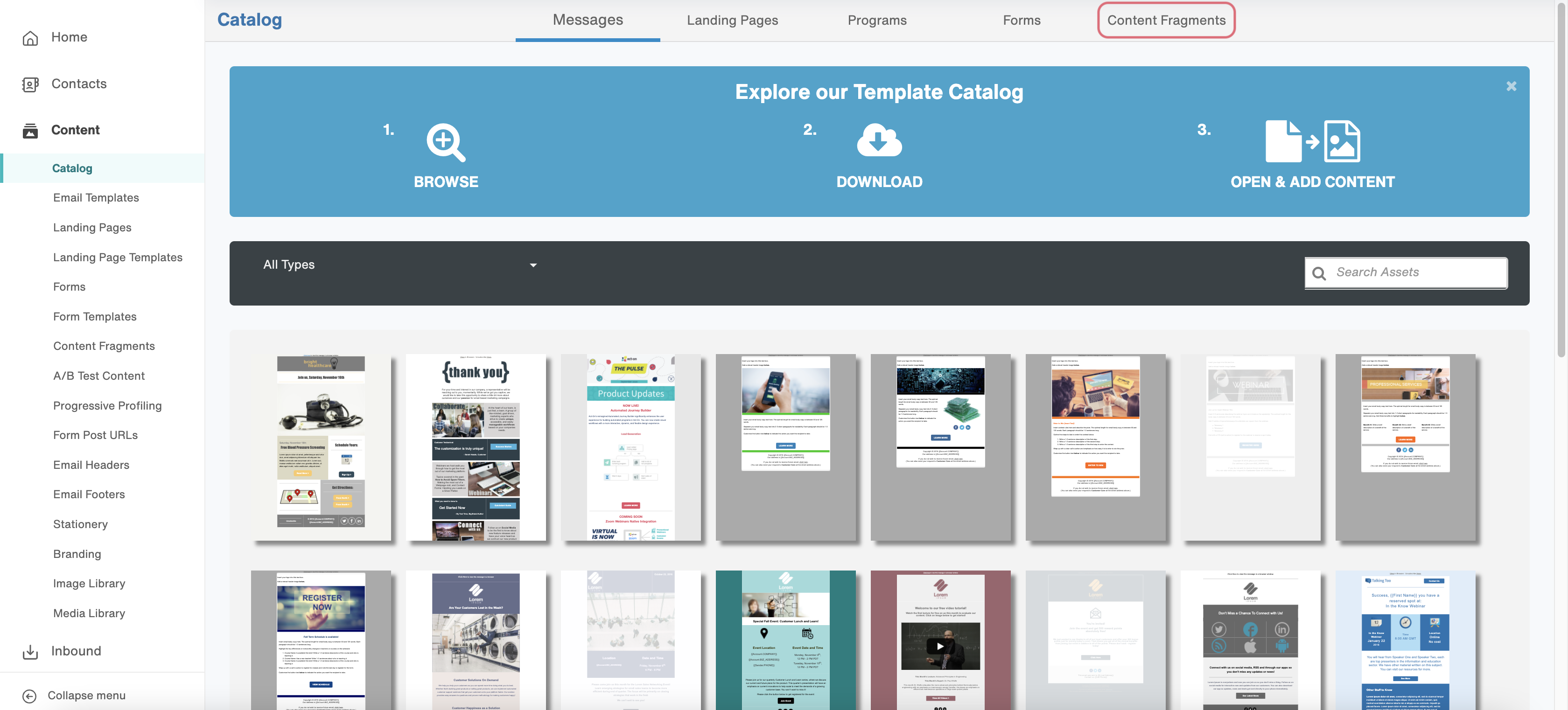 Going to the Content Fragments tab to find our selection of fragment templates.