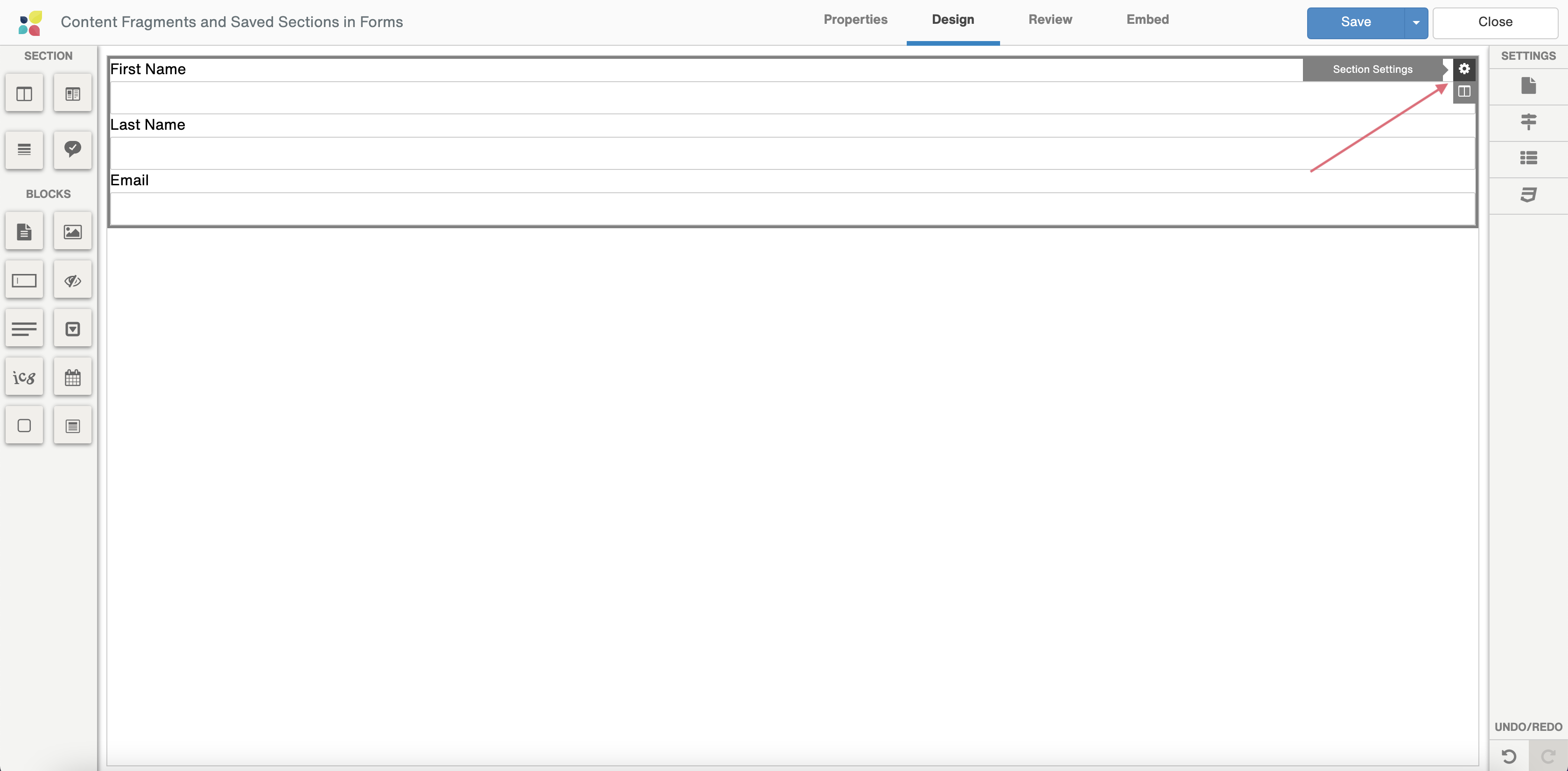 Hovering over the section you'd like to use as a fragment and click Section Settings.